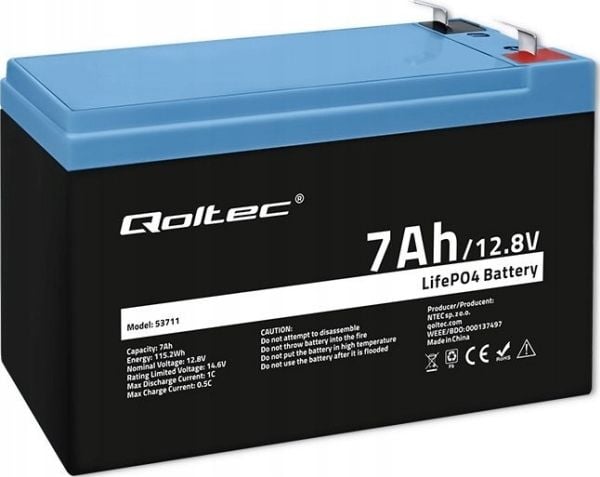 Qoltec LiFePO4 litium-rautafosfaattiakku | 12,8V | 7Ah | 89,6Wh | BMS