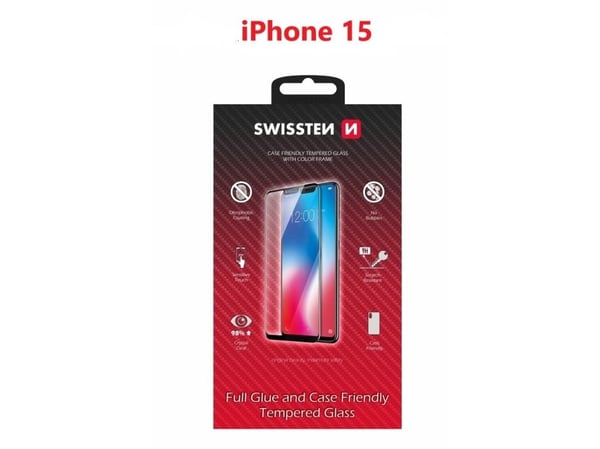 Swissten karkaistu lasi mustilla reunoilla (yhteensopiva kehyksen ja kotelon kanssa) iPhone 15 Plus -puhelimelle