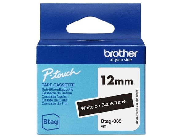 Brother BTAG-335, valkoinen mustalla, Brother, P-touch PT-N10, PT-N20, PT-N25BT, 1,2 cm, 4 m, 45 mm