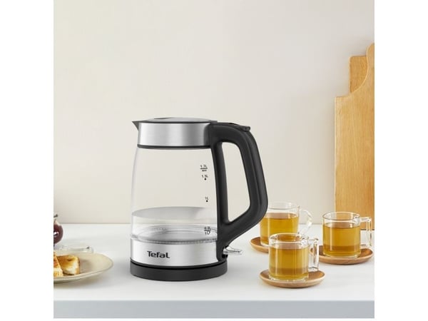Tefal Glass Kettle KI605830, 1,7 L, 2200 W, musta, Hopea, Läpinäkyvä, Lasi, Veden tason ilmaisin, Johdoton