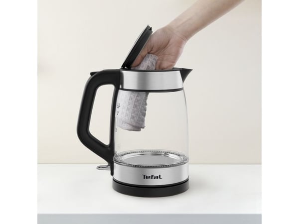 Tefal Glass Kettle KI605830, 1,7 L, 2200 W, musta, Hopea, Läpinäkyvä, Lasi, Veden tason ilmaisin, Johdoton