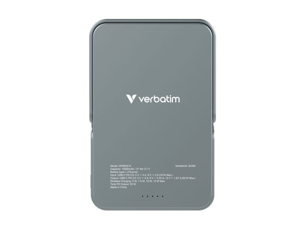 Verbatim Charge 'n' Go - Trådløs nødlader - magnetisk, med stativ - Li-pol - 10000 mAh - 20 watt - 3 A - PD (USB-C) - grå