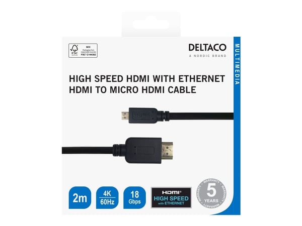 Kabel DELTACO HDMI - mikro HDMI, 4K UHD i 60Hz, 2m, svart/HDMI-1023-K/00100007
