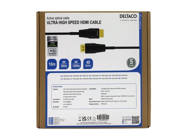 ULTRA nopea DELTACO HDMI-kaapeli, 48Gbps, 10m, musta, AOC / HU-AOC10