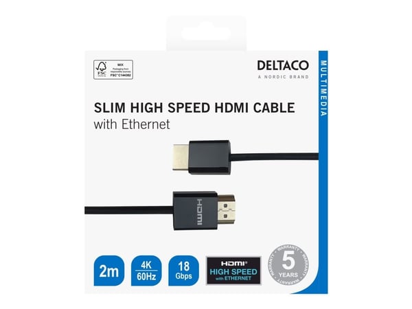 Ultratynn HDMI-kabel DELTACO 4K UHD, 2m, svart / R00100018
