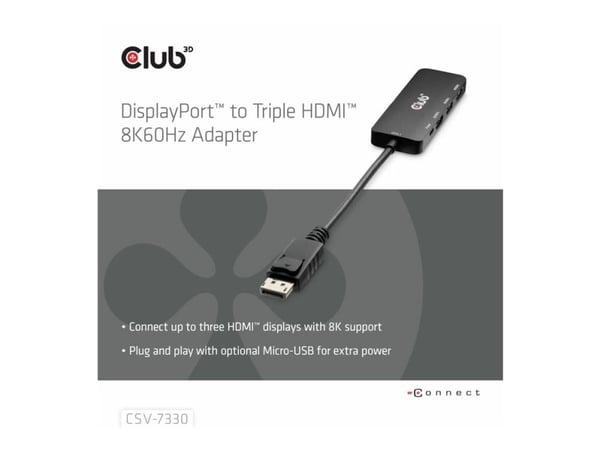 Club 3D - Videokort - DisplayPort hane till HDMI, Mikro-USB typ B (endast ström) hona - 14 cm - 8K60Hz stöd