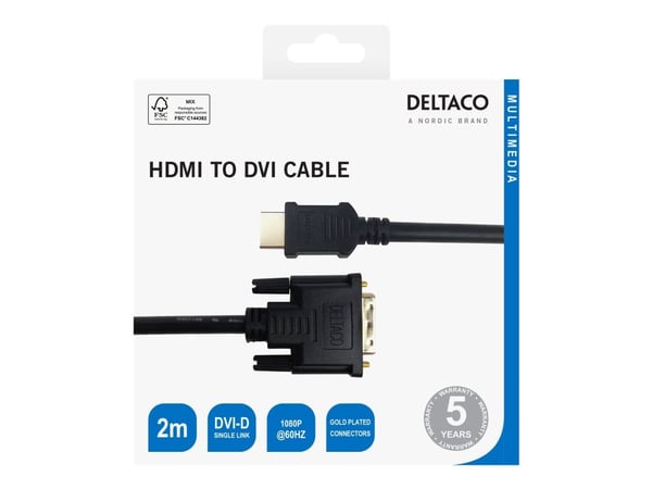 DELTACO - Adapterkabel - enkeltlenke - HDMI hann til DVI-D hann - 2 m - svart - 1080p støtte 60 Hz