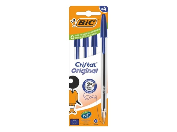 BIC Cristal Original, Klipsi, Kuulakärkikynä, Sininen, 4 kpl, Keskikokoinen