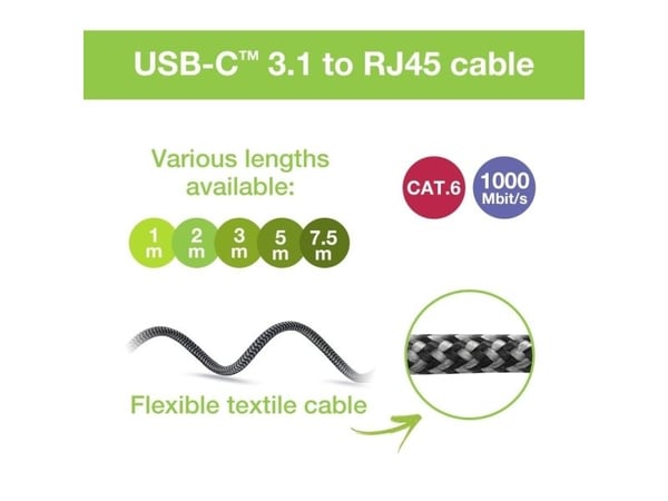 USB-C til Gigabit Ethernet RJ45 nettverkskabel 3m