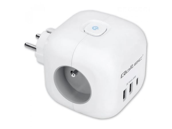 Qoltec power cube 6in1 -laajennin valaistulla kytkimellä | 3x AC | 2x USB | 1x USB-C PD 20W | Valkoinen | Valkoinen