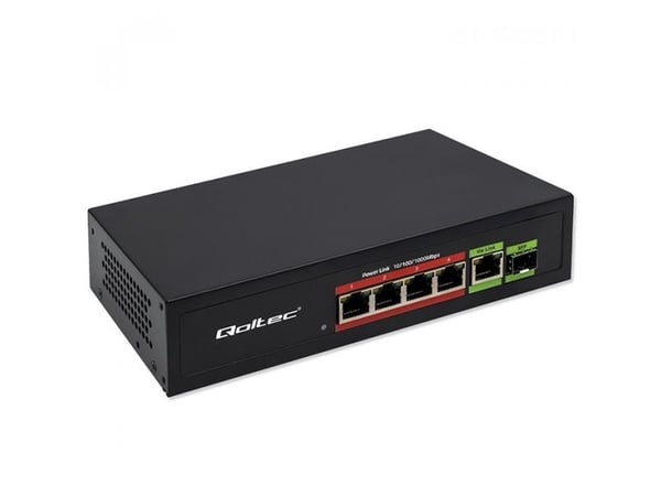 Qoltec - Switch - ikke-styrt - 4 x 10/100/1000 (PoE) + 1 x 1 Gigabit SFP + 1 x 10/100/1000 (opplink) - stasjonær - PoE (65 W)