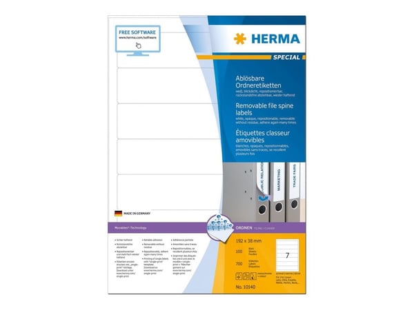HERMA Special - Papir - matt - fjernbart selv-adhesiv - hvit - 192 x 38 mm 700 etikett(er) (100 ark x 7) opake arkivmappeetiketter