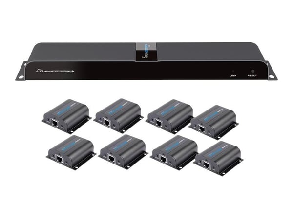 TECHly HDMI 1x8 Extender Splitter over CAT6/6a/7 50m with IR pass-back - Transmitter + 8 receivers - video/lyd/infrarød-utvider - HDMI, infrarød - ...