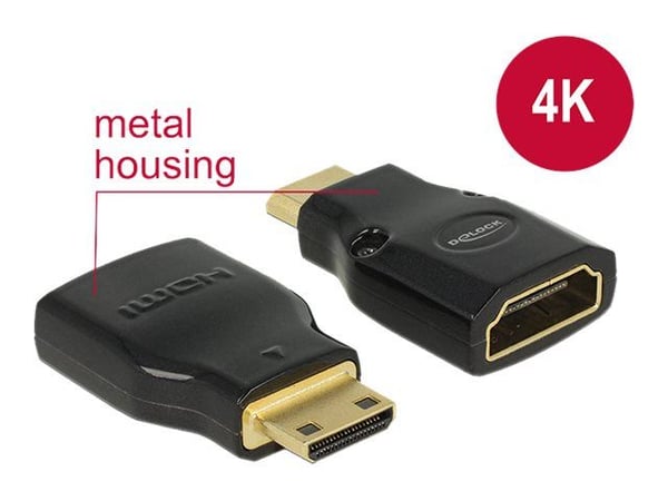 Delock Adapter High Speed HDMI with Ethernet - HDMI Mini-C male > HDMI-A female 4K - HDMI-adapter - HDMI hunn til 19 pin mini HDMI Type C hann - sv...