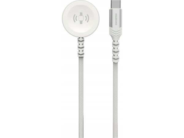 Swissten flettet magnetisk trådløs ladeadapter for Apple Watch i metall, USB-C 1,2 m, hvit