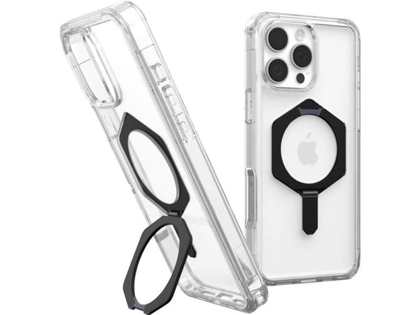 Urban Armor Gear Plyo XTE mobilskal för Apple iPhone 16 Pro Max transparent/svart, induktiv laddning, MagSafe-kompatibel, stativfunktion, stötsäkert