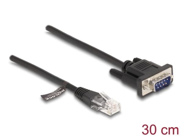 Delock - RS-232-sarjaliikennekaapeli - RJ-45 (uros) - DB-9 (uros) - 30 cm - 4,5 mm - muotoiltu, sormiruuvit - musta