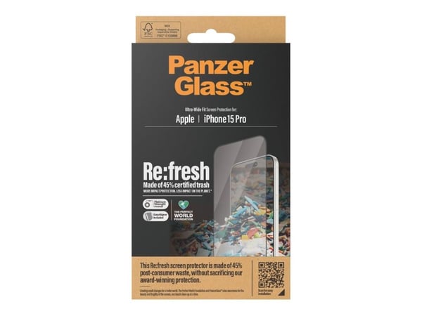 PanzerGlass Re:fresh - Skjermbeskyttelse for mobiltelefon - ultravid passform med EasyAligner - glass - rammefarge svart - for Apple iPhone 15 Pro