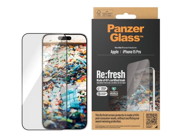 PanzerGlass Re:fresh - Skjermbeskyttelse for mobiltelefon - ultravid passform med EasyAligner - glass - rammefarge svart - for Apple iPhone 15 Pro