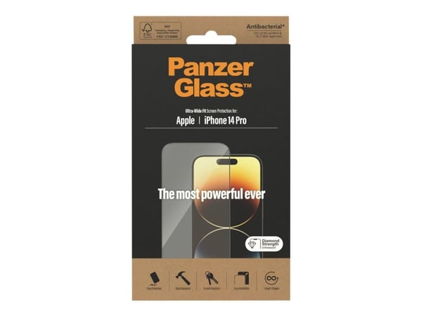 PanzerGlass - Skjermbeskyttelse for mobiltelefon - ultrabred passform - glass - rammefarge svart - for Apple iPhone 14 Pro