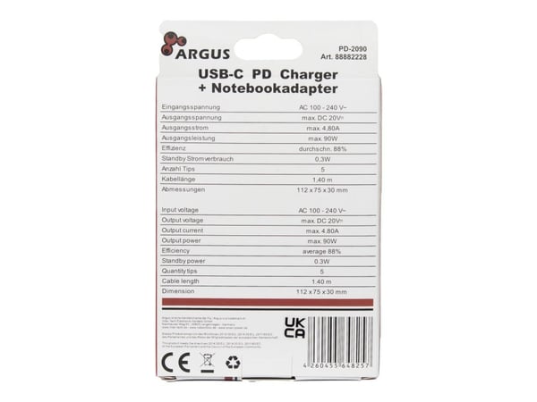 Argus - Strømadapter - 90 watt - 4.8 A - PD 3.0 (24 pin USB-C)