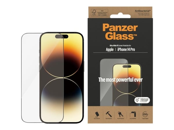 PanzerGlass - Skjermbeskyttelse for mobiltelefon - ultrabred passform - glass - rammefarge svart - for Apple iPhone 14 Pro