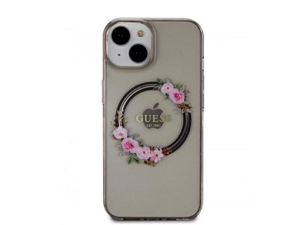 Guess PC/TPU Flowers Ring Glossy Logo MagSafe dėklas telefonui Apple iPhone 14 juodos spalvos