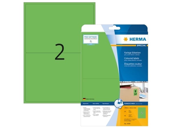 HERMA 4499, Vihreä, Itse kiinnittyvä tulostintarra, A4, Paperi, Laser/Inkjet, Irroitettava