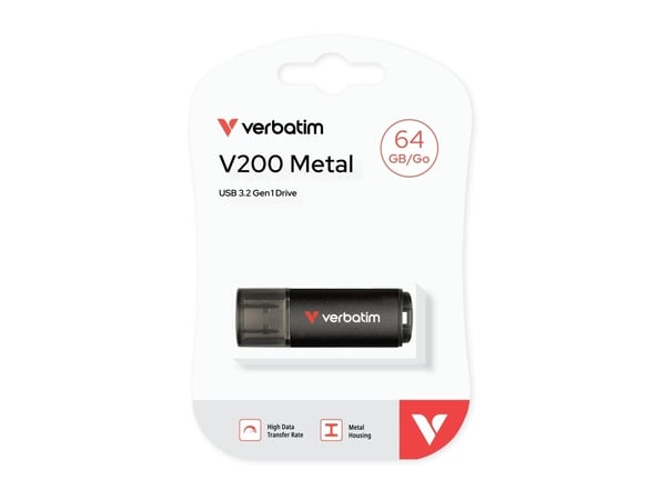 Verbatim V200 Metal USB Drive 64GB, 64 GB, USB A-tyyppi, 3.2 Gen 1 (3.1 Gen 1), 200 MB/s, Suojus, musta