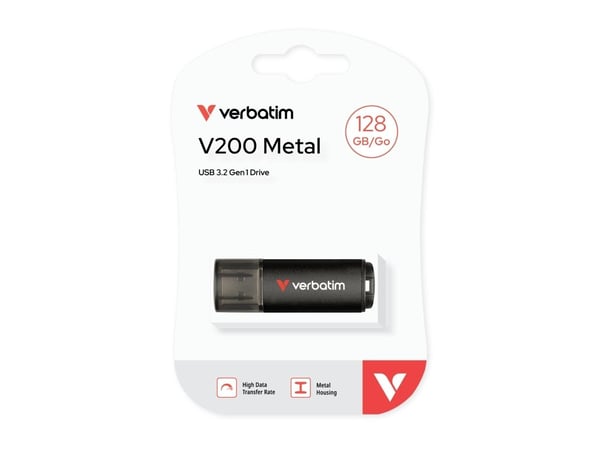 Verbatim V200 Metal USB Drive 128 GB, 128 GB, USB A-tyyppi, 3.2 Gen 1 (3.1 Gen 1), 200 MB/s, Suojus, musta
