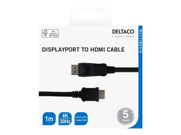 Deltaco DisplayPort / HDMI -kaapeli, 1 m, musta, 1 m, DisplayPort, HDMI, Uros, Uros, Suora