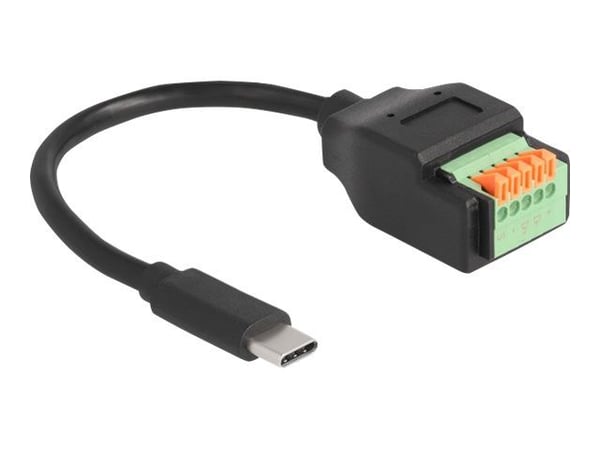 Delock - USB-adapterkabel - 24 pin USB-C (hann) til 4-pins terminalblokk - 15 cm - trykknapp, 2,54 mm stigning, stripped ends - svart/grønn