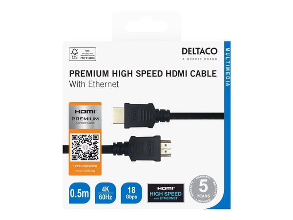 Deltaco Premium-sertifioitu nopea HDMI-kaapeli, 0,5 m, musta, 0,5 m, HDMI-tyyppi A (vakio), HDMI-tyyppi A (vakio), 3840 x 2160 pikseliä, 18 Gbit/s,...