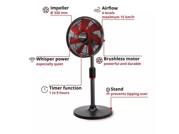 Einhell 3408071, Husholdningsvifte, Svart, Rød, Gulv, 32 cm, 425 - 725 mm, 8 timer - SOLO