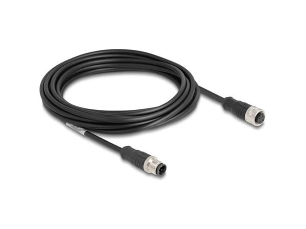 Delock - Nettverksforlengelseskabel - 4 pin M12-D (hann) til 4 pin M12-D (hunn) - 5 m - 5 mm - S/FTP - CAT 5e - svart