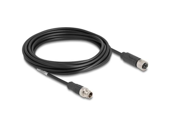Delock - Nettverksforlengelseskabel - 8-pins M12 (hann) til 8-pins M12 (hunn) - 5 m - 6 mm - S/FTP - CAT 5e - X-kodet - svart