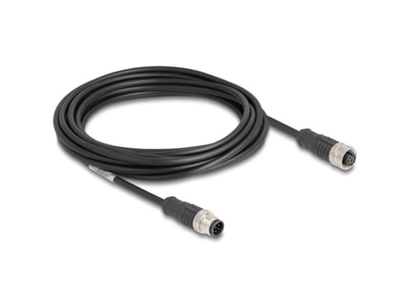 Delock - Nettverksforlengelseskabel - 8 pin M12-A (hann) til 8 pin M12-A (hunn) - 5 m - 6 mm - S/FTP - CAT 5e - svart