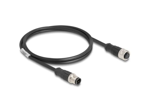Delock - Nettverksforlengelseskabel - 4-pins M12 (hann) til 4-pins M12 (hunn) - 1 m - 5 mm - S/FTP - CAT 5e - D-kodet - svart