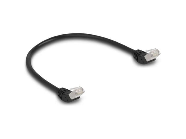 Delock - Koblingskabel - RJ-45 (hann) vinklet til RJ-45 (hann) vinklet - 50 cm - 6 mm - S/FTP - CAT 6a - med støvel, halogenfri - svart