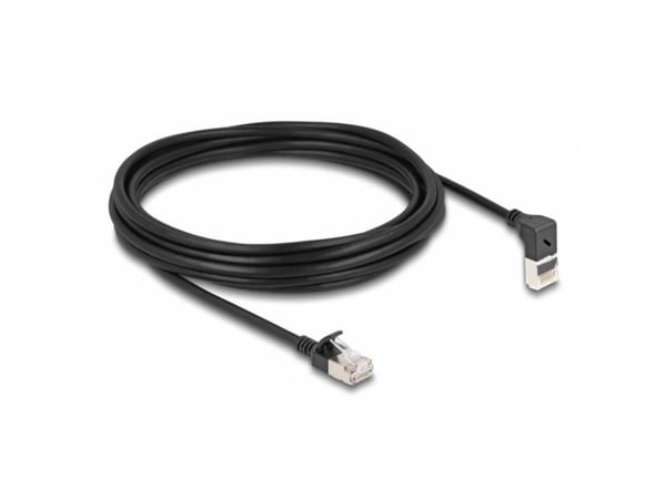 Delock - Patch-kabel - RJ-45 (hane) uppåtvinklad till RJ-45 (hane) rak - 5 m - 4.5 mm - S/FTP - CAT 6a - startad, halogenfri, hakfri - svart