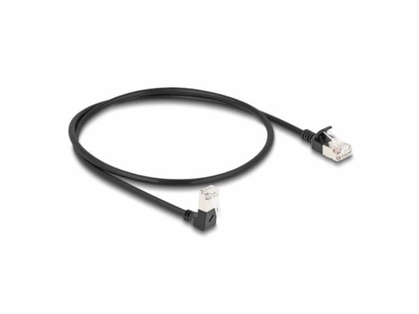 Delock RJ45 nettverkskabel Cat.6A S/FTP Slank 90° vinklet ned / rett 0,5 m svart