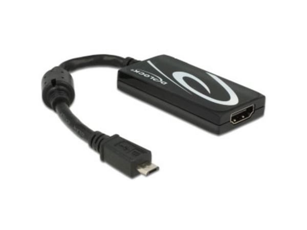 Delock - Video/audio-adapter - 5 pin Micro-USB (MHL) hann til HDMI, Micro-USB type B (kun strøm) hunn - 20 cm - svart - 4K-støtte