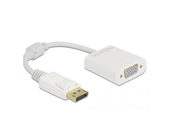 Delock - Video adapter - DisplayPort (hann) låst til HD-15 (VGA) (hunn) skrubar - DisplayPort 1.2 - 15 cm - passiv, 1080p støtte 60 Hz - hvit