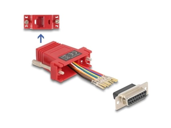 Delock - Seriell adapter - 15 pin D-Sub (DB-15) (hunn) skrubar til RJ-45 (8 pin) (hunn) - individually assignable serial interface - rød