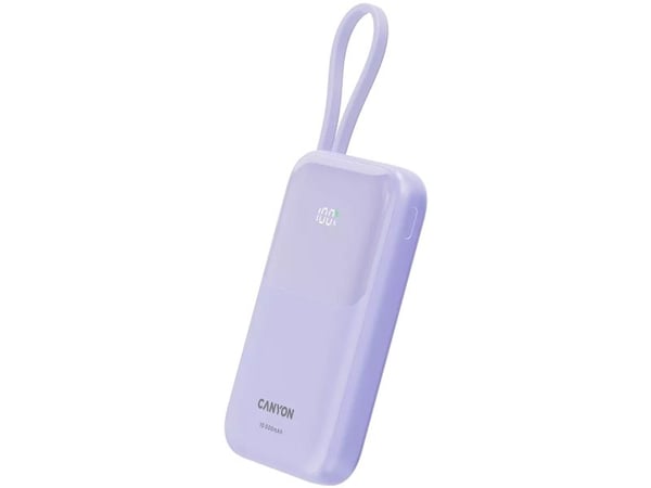 Canyon power bank OnPower 101 built-in cable 10000 mAh PD22.5W Violetin, 10000 mAh, Lithium-Ion (Li-Ion), Lilla