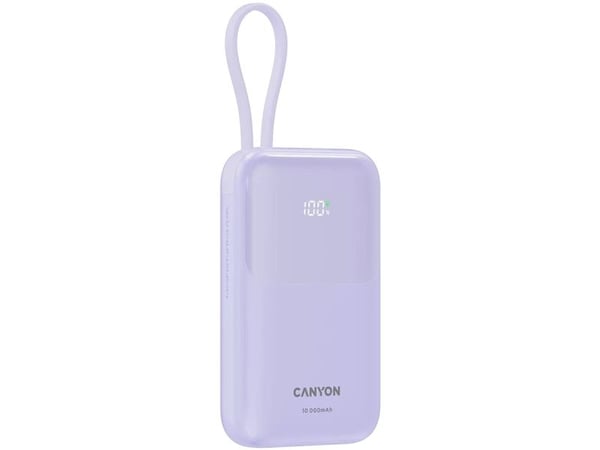 Canyon power bank OnPower 101 built-in cable 10000 mAh PD22.5W Violetin, 10000 mAh, Lithium-Ion (Li-Ion), Lilla