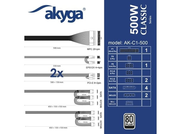 Akyga Classic Series AK-C1-500 - Strømforsyning (intern) - ATX12V 2.31 - 80 PLUS - AC 230 V - 500 Wh - aktiv PFC - svart