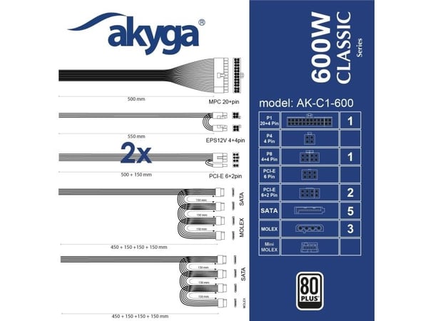 ATX 600W strømforsyning Akyga AK-C1-600 P4+4 2x PCI-E 6+2 pin 5x SATA 3x Molex APFC FAN 12cm