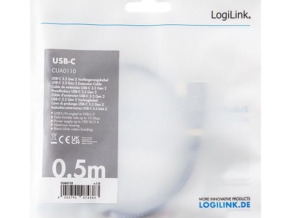 LogiLink CUA0111, 1 m, USB C, USB C, USB 3.2 Gen 2 (3.1 Gen 2), 10 Gbit/s, Sort, Grå