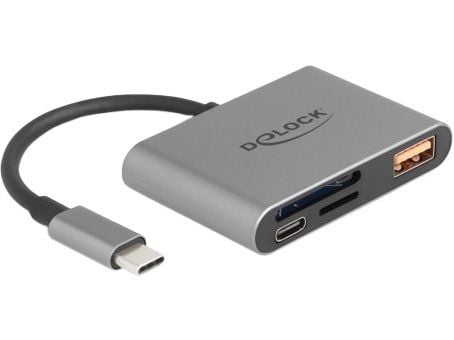 Delock USB-C-kortinlukija SD- ja Micro-SD-muistikorteille + USB 10 Gbps Type-A-portti ja USB Type-C PD 2.0 85 W